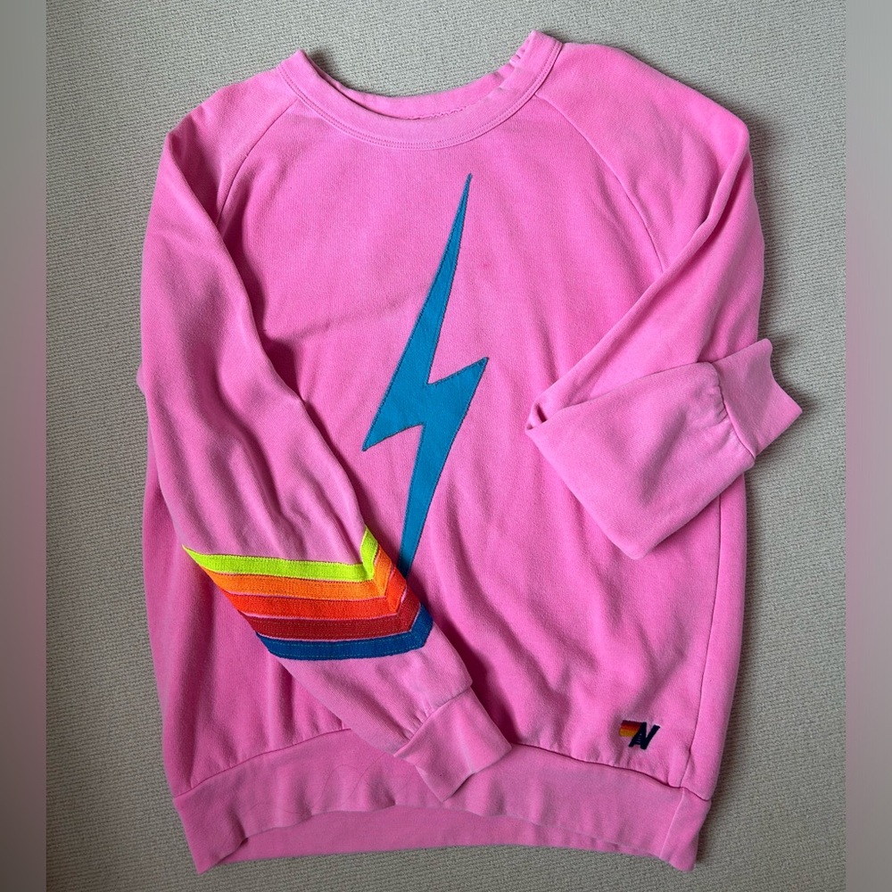 Aviator Nation Pink Crewneck with Neon Stripes and Blue Bolt